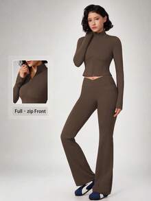 NcmRyu Women's One Set Solid Color Stand Collar Zipper Short Jacket & Criss-Cross V Waist Flare Pants Sportswear Set - Coffee Brown - View 11
