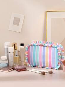 (Custom Embroidery) Wood Ear Trim Striped Makeup Bag, Sweet Ruffle Edge Large Capacity Storage Bag, Travel Portable Toiletry Organizer - Multicolor - View 7