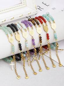 1pc Natural Stone Bracelet With Stainless Steel Cross Pendant, Healing Obsidian Amethyst Rose Quartz Crystal 4mm Beaded Double Layer Bracelet Jewelry H958 - Bracelet - View 3