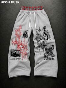 Men's 2 In 1 Plaid Waistband Sweatpants Y2K Dark Gothic Graphic Print Loose Wide Leg Drawstring Long Pants Suitable For Hip-Hop Streetwear - Grey - View 1