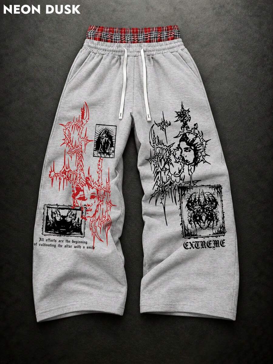 Men's 2 In 1 Plaid Waistband Sweatpants Y2K Dark Gothic Graphic Print Loose Wide Leg Drawstring Long Pants Suitable For Hip-Hop Streetwear - Grey - View 1