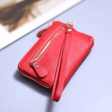 Lychee Texture PU Dual Zipper Coin Purse, Multi-Compartment Card Holder Key Pouch With Wrist Strap, Portable Storage Small Bag - Multicolor - View 9