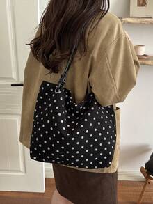 Corduroy White Polka Dot Shoulder Tote Bag - Black - View 7