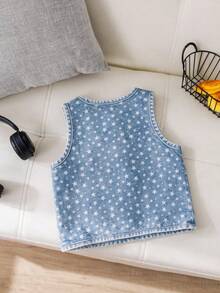 Baby Girl Denim Vest, Korean Style Sweet Star Pattern Design Snowflake Denim Jacket, Autumn/Winter Clothing, Versatile & Comfortable - Medium Wash - View 2