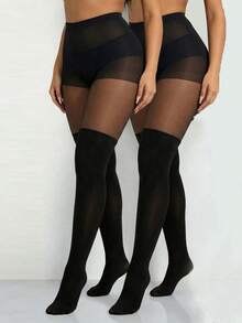 1/2/3 Pairs Designed Faux Thigh High Stockings, 2 In 1 Spliced Pantyhose - Multicolor - View 8