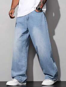 Celana Jeans Denim Pria Biru Model Longgar Gaya Vintage dengan Kaki Lebar, Kasual dan Nyaman, Cocok untuk Semua Musim - Light Wash - View 6