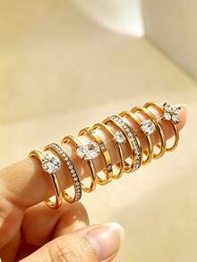 9pcs 18K Gold Plated Stainless Steel Ring Set, Stackable Rings, Clover, Water Drop, Ins Style, Waterproof Jewelry, Elegant Rings, Gemstone Rings, Gold Tone Jewelry Set, Exquisite Gift, - Gold - View 9
