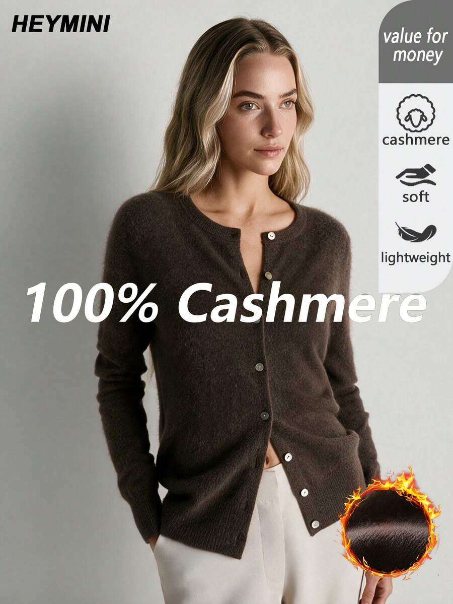 HEYMINI 100% Cashmere Women's Solid Color Minimalist Knit Cardigan, Round Neck Long Sleeve Button Sweater Jacket, Comfortable Autumn/Winter Outfit - Coffee Brown - View 1