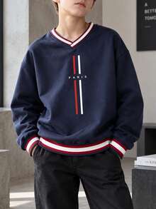 Tween Boy 1pc Contrast Color Print Crew Neck Sweatshirt, Unisex Kids' Clothing, Matching Outfits For Siblings, Best Friends, And Family, Long Sleeve Top For Young Students, Suitable For Autumn And Winter - Navy Blue - View 1