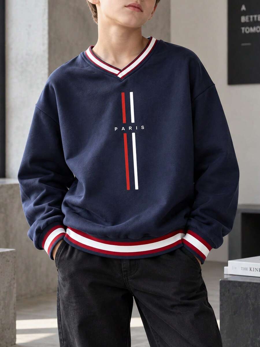 Tween Boy 1pc Contrast Color Print Crew Neck Sweatshirt, Unisex Kids' Clothing, Matching Outfits For Siblings, Best Friends, And Family, Long Sleeve Top For Young Students, Suitable For Autumn And Winter - Navy Blue - View 1