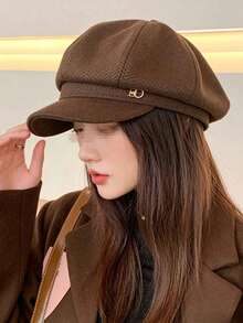 1pc 2026 Winter New Style Solid Color Bud Hat Duck Tongue Beret Women Spring Summer Korean Version Versatile Face-Slimming Octagonal Painter Hat Large Head Circumference Japanese Style - Khaki - View 2