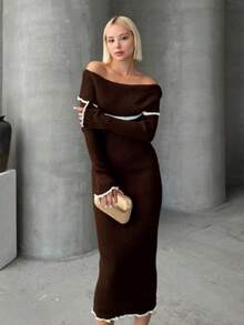 Knitwear Dress; Fish Tail Style Bodycon With Color Block Details And Off Shoulder Design - Brown - View 10
