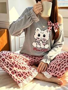 Girls Two Pieces Off Shoulder Bow Long Sleeved Pajamas, Cat Print Top, Heart-Shaped Leopard Print Pants, Spring And Autumn Casual Pajamas - Light Grey - View 1