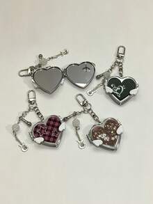 Cute Heart Wing Compact Mirror Keychain, Y2K Guitar Microphone Charm Bag Pendant, Aesthetic Makeup Mirror Keyring Gift - Silver - View 5