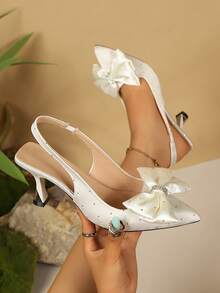Spring/Summer New Elegant White Women's Pointed Toe Slingback Pumps With Rhinestone Bow, High Heel Sandals For Wedding, Banquet And Versatile Occasions - White - View 5