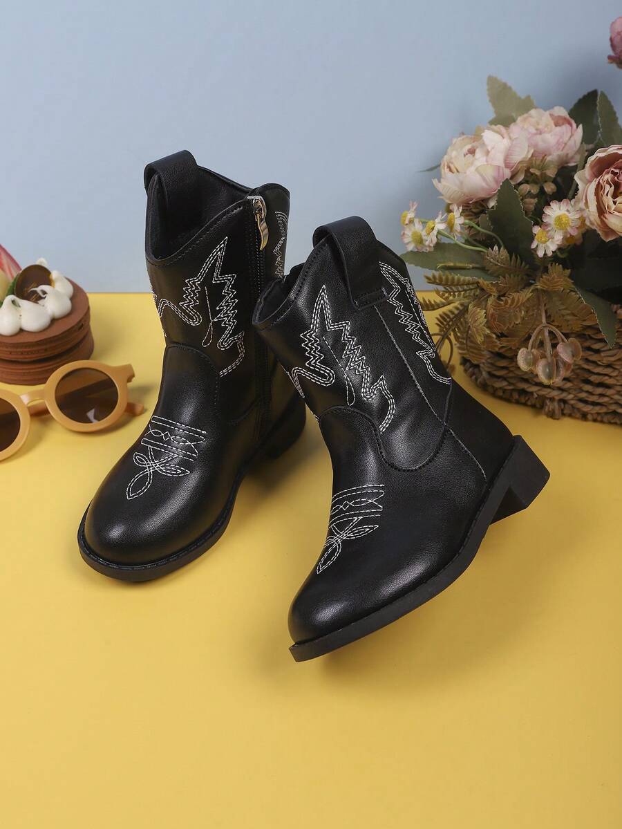 Barnmode avslappnade westerncowboykängor, minimalistisk enfärgad design, retrokängor, ridankelkängor för höst/vinter - Svart - Visa 1