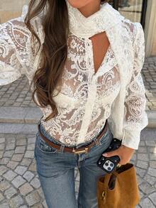 Women's Vintage Lace Semi-Sheer Ribbon Top, Early Autumn Long Sleeve Atmospheric Cuffed Button Decor Elegant Fashion Top, Suitable For Commuting, Dating, Tea Party, Airport - Apricot - View 2