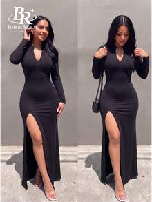 BADDIE REALM Women's Long Fitted Dress With High Slit, Sexy Date Style - Black - View 2