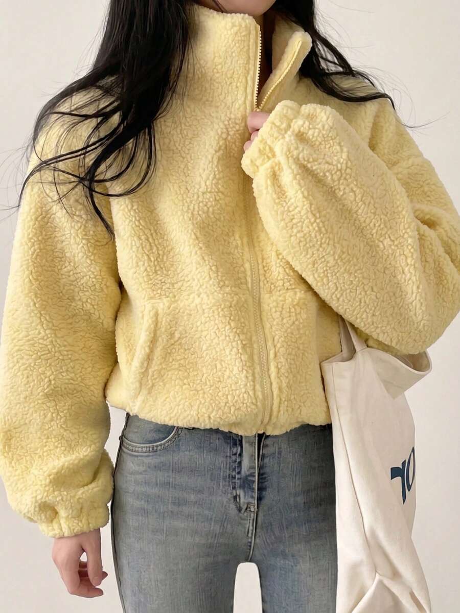 女款秋冬優雅拉鍊抓絨短夾克,時尚純色泰迪夾克,休閒戶外健身穿搭,寬鬆版型派對造型 - 黃色 - 查看 1