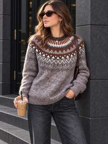 Women's Fair Isle Knit Sweater, Long Sleeve Round Neck Drop Shoulder Top, Cozy Winter & Fall Knitwear - Khaki - View 2