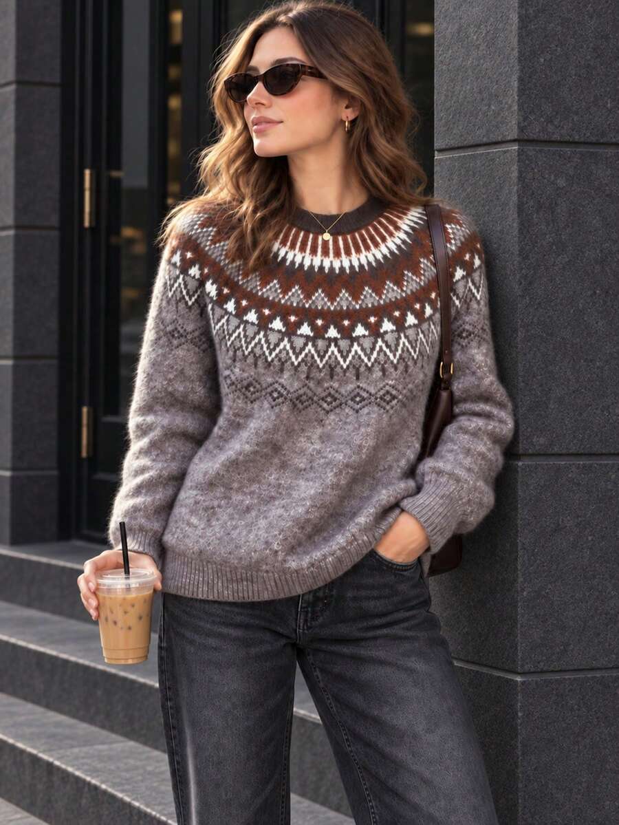 女款 Fair Isle 針織毛衣,長袖圓領落肩上衣,舒適冬季與秋季針織衫 - 卡其色 - 查看 1