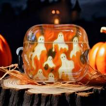 Warm Orange Flame Ghost Pumpkin Theme Earphone Protective Case, Paired With Black Round Ring Buckle, Transparent Warm Orange Gradient Shell Body, Floating Multiple White Little Ghosts, Background With Flame-Like Orange Texture, Full Of Halloween Atmosphere. Wavy Soft Shell Contour, Shell Fits Earphone Body Perfectly, Precise Charging Port Opening, Unobstructed Earphone Opening And Closing, Easy And Smooth Installation And Removal. - Orange - View 4