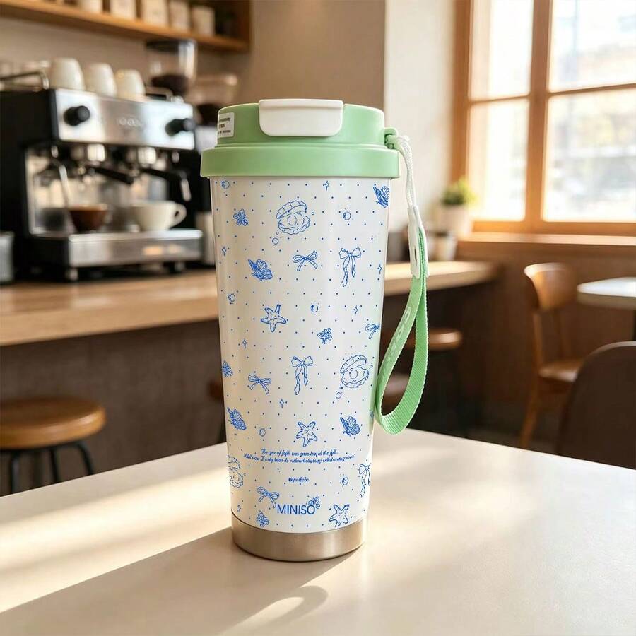 MINISO 咖啡杯 簡單波點蝴蝶結圖案 500ml 不鏽鋼咖啡杯 附吸管 便攜杯 情人節禮物 - 薄荷藍 - 查看 1