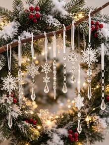 10/18pcs Acrylic Crystal Snowflake & Icicle Christmas Ornaments Set, Clear Faceted Drop Pendants With White Ribbon, Shatterproof Xmas Tree Hanging Decorations For Window Mantel Holiday Wedding Party Decor, Christmas Home Decor, Winter Decoration - A - View 4