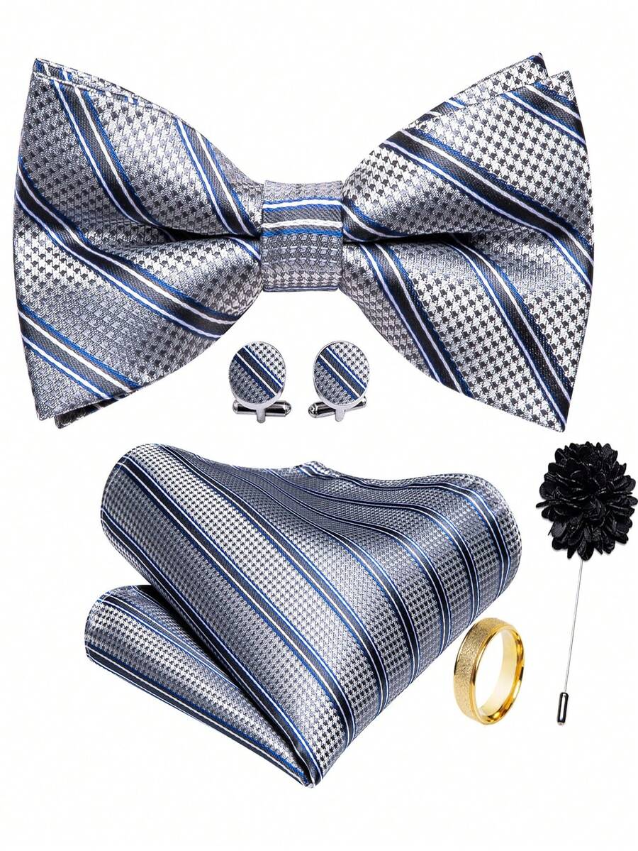 5Pcs Men Grey Striped Bow Tie Pocket Square Cufflinks Ring Boutonniere Set, Cufflinks Pattern Random For Wedding Business Party - Grey - View 1
