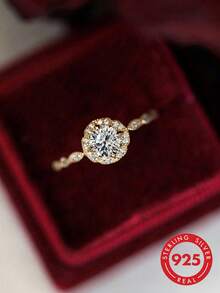 BALMORA 1pc Elegant S925 Sterling Silver Full Cubic Zirconia Set Sweet Open Adjustable Ring, Suitable For Women Engagement, Wedding, Daily Wear - Gold - View 2