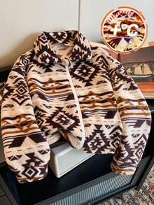 Lurzo Girls Autumn/Winter Casual Retro Thick Wool Geometric Print Lapel Zipper Jacket, Fleece Warm Cardigan, Heat Retention, Suitable For Daily Wear - Apricot - View 2
