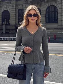 Women's Grey V-Neck Single-Breasted Ruffle Hem Wool Blend Cardigan Sweater, Autumn Outfit For Outing, Dating, Shopping And Commuting - Grey - View 3