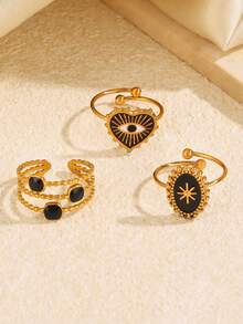 3pcs Stainless Steel Black Mysterious Fashion Elegant Geometric Heart & Oval Line Ring Set Suitable For Women Daily Wear, Festivals, Dates - Multicolor - View 4
