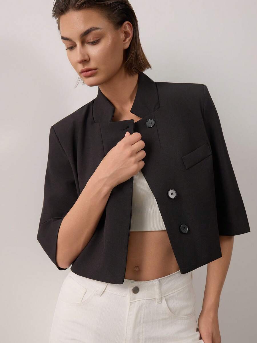 Women's Solid Color Stand Collar Casual Versatile Commute Travel Blazer Black - Black - View 1