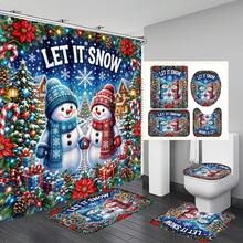 1pc/4pcs Holding Hands Snowman Pattern Multifunctional Bathroom Decor Shower Curtain Set, Free 12 Hooks, Premium Holiday Atmosphere, Bathroom Mat, U-Shaped Floor Mat And Round Toilet Lid Cover, Suitable For All Occasions, Bathroom Set - Holding Hands Snowman - View 8