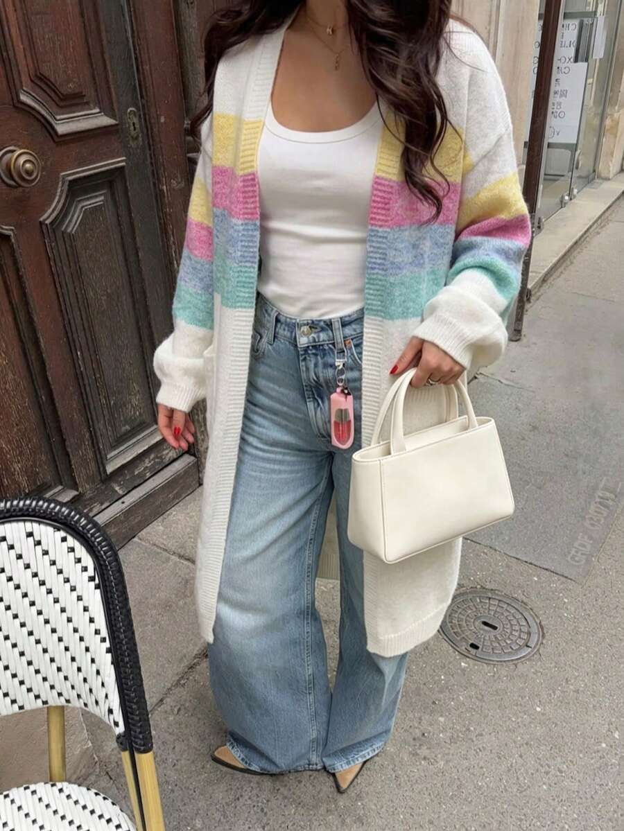 Just Masa Women's Fall Casual Colorblock Simple Basic Sweater Cardigan With Pockets,Long Sleeve Loose Rib-Knit Long Coat,For Daily Wear,Going Out - White - View 1