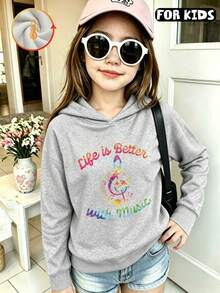 Kids Hooded Sweatshirt, Life Is Better With Music Rainbow Music Note Graphic Print Thick Fleece Lined Pullover For Kids - Flower Gray - View 2