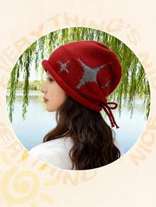 1pc Unisex Star Jacquard Drawstring Beanie Hat, Knit Headwear With Ear Protection, Warm Casual Outdoor Daily Wear, Slouchy Style - Multicolor - View 12