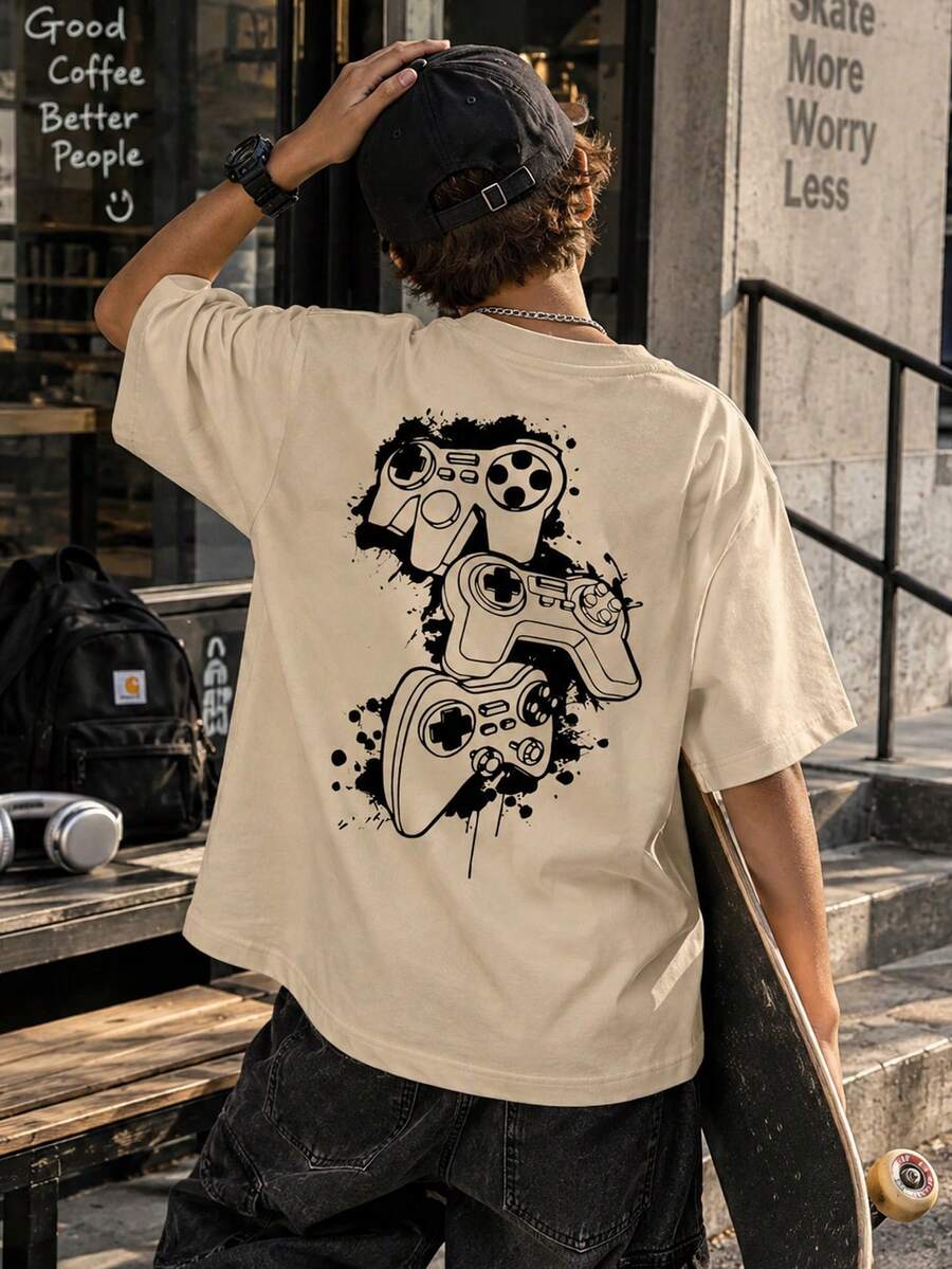 1pc Tween Boy Video Game Graphic Print Short Sleeve T-Shirt, Summer Top For Young Students - Apricot - View 1