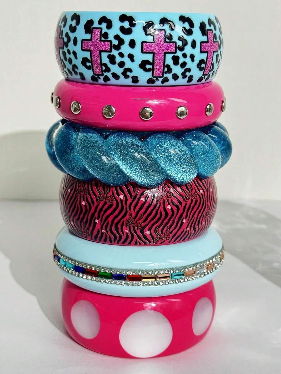 Vintage Punk Sky Blue Full Circle Shiny Iridescent Rhinestone Resin Bracelet, Bright Rose Red Colorful Rhinestone Glossy Rivet Cross Women's Wide Bangle Bracelet, Daily Layering Accessory, 2000s Chunky Bangle Bracelet 80s 90s - Multicolor - View 1
