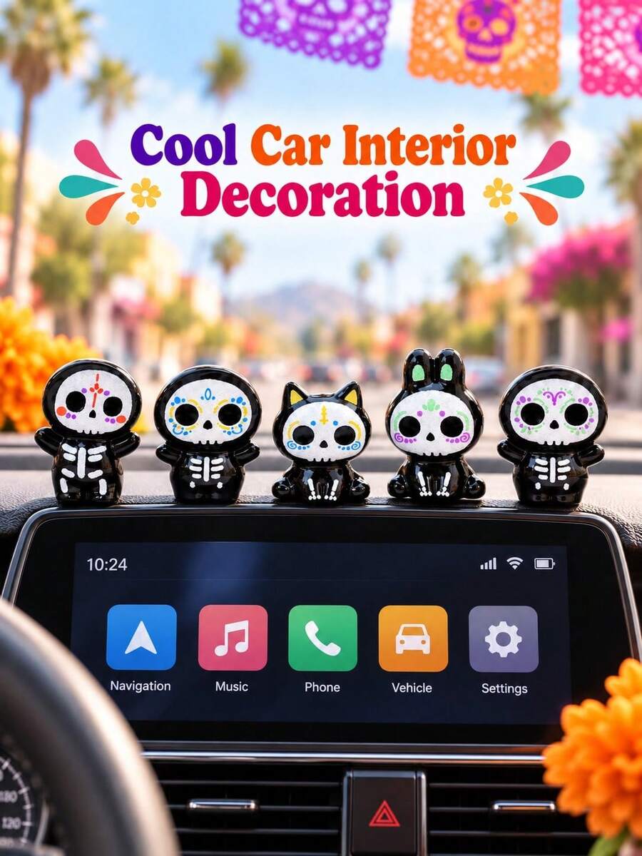 5Pcs Mini Day Of The Dead Sugar Skull Figurines Set, Hand-Painted Colorful Glossy Resin Cute Cartoon Cat Rabbit Skeleton Statues, Spooky Mini Ornaments For Halloween Party, Micro Landscape Fairy Garden, Desktop Shelf Home Office Decoration - A - View 1