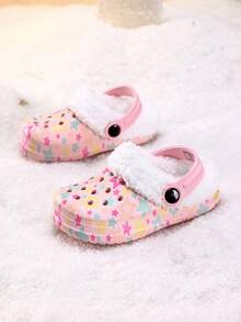 New Girls' Fashion Versatile Casual Winter Thermal Lined Warm Pink Star Hollow Clogs - Pink - View 2