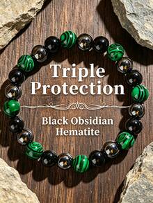 Men's Vintage Triple-Protection Bracelet With Malachite Hematite, Fashionable Jewelry Accessory Suitable For Daily Wear And Gifting,For All Seasons - Multicolor - View 7