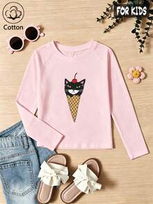 Girls Cotton Raglan Long Sleeve T-Shirt, Autumn Winter Long Sleeves, Cat Face Ice Cream Print, Sweet Girly Preppy Style - Baby Pink - View 3