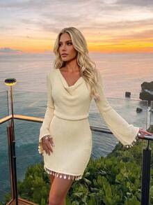 Fashion Women's Fitted Knit Dress, Long Bell Sleeves, Cowl Neck, Sequin Embellished Hem, Suitable For Party Autumn Outfit, Layer With Cover Up - Apricot - View 2