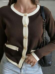 Women's Autumn/Winter New French Romantic Soft Feminine Fashion Contrast Trim Commuter Style Knit Cardigan Top - Coffee and White - View 4