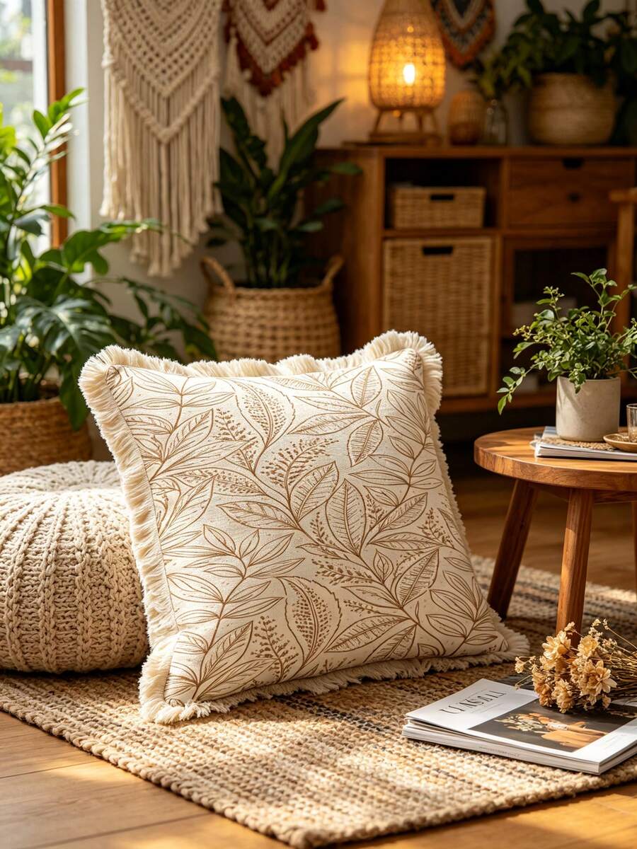 1PC Rural Floral Print Pillow Cover, Tassel Border, Double-Sided Decorative Pillowcase, Hand-Painted Plant Design Pattern, Home Decoration, Sofa, Bed, Bedroom(Excluding Pillow Core)-Size Excludes 3cm Tassels - Multicolor - View 1