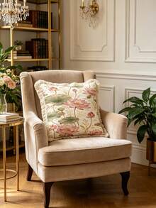 1PC French Elegant Printed Pillow Cover With Tassel Border, Double-Sided Decorative Pillowcase, Pink Lotus Design Pattern, Home Decoration, Sofa, Bed, Bedroom(Excluding Pillow Core)-Size Excludes 3cm Tassels - Multicolor - View 2