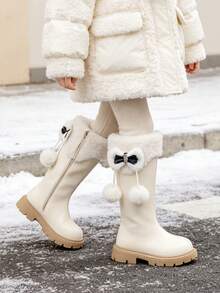 Girls' Tall Boots, Autumn/Winter New Thermal Lined Snow Boots With Bow, Warm Long Boots With Side Zipper, Fashion Riding Boots For Kids - Beige - View 1