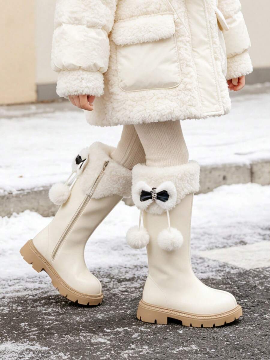 Girls' Tall Boots, Autumn/Winter New Thermal Lined Snow Boots With Bow, Warm Long Boots With Side Zipper, Fashion Riding Boots For Kids - Beige - View 1